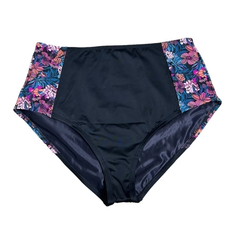Venus Black Floral Print Maximum Shaping High-Waist Swim Bikini Bottom Size 18